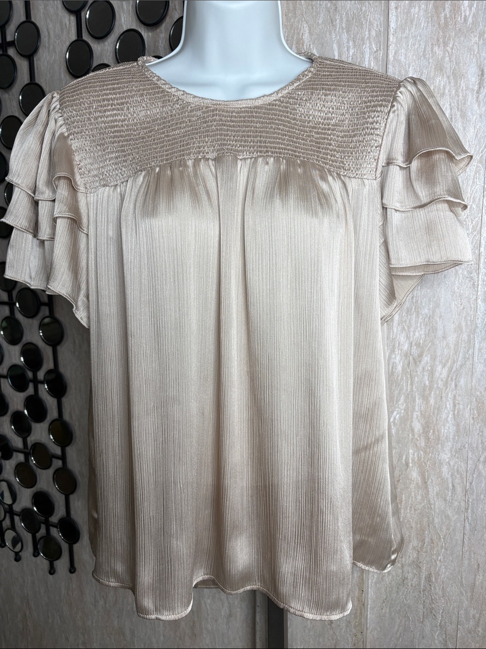 CeCe Cream Smocked Yoke Ruffle Sleeve Blouse